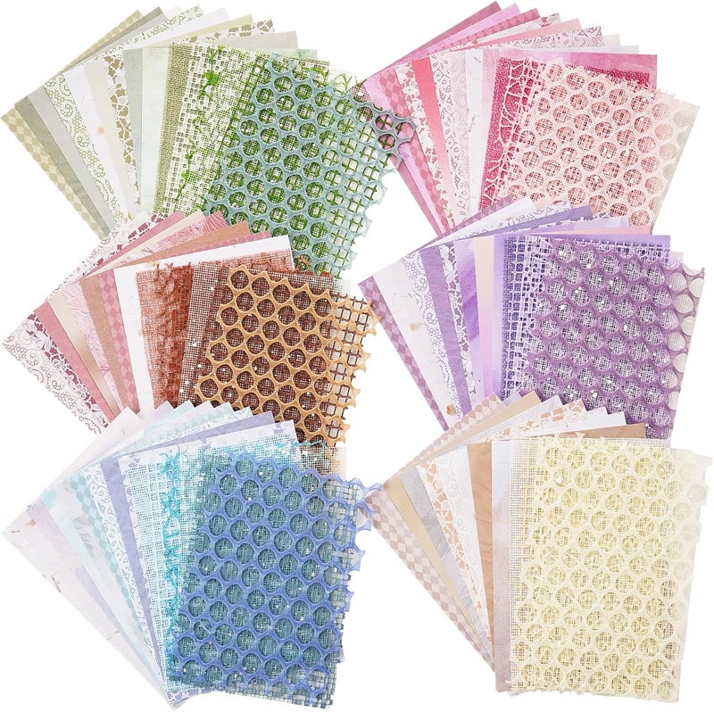 ARTSMONA 90 Sheets Scrapbook Paper and Decorative Mesh Fabric Assorted Set - 6 Pack Mixed Special Paper for Scrapbooking Planner Bullet Junk Journal Supplies Mixed Media Collage Card Embellishment 5.1x7 Inch - Image 1